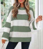 Women's  Fall Long Sleeve Oversized Striped Color Block Comfy Loose Crew Neck Knitted Pullover Sweater - 图片 2