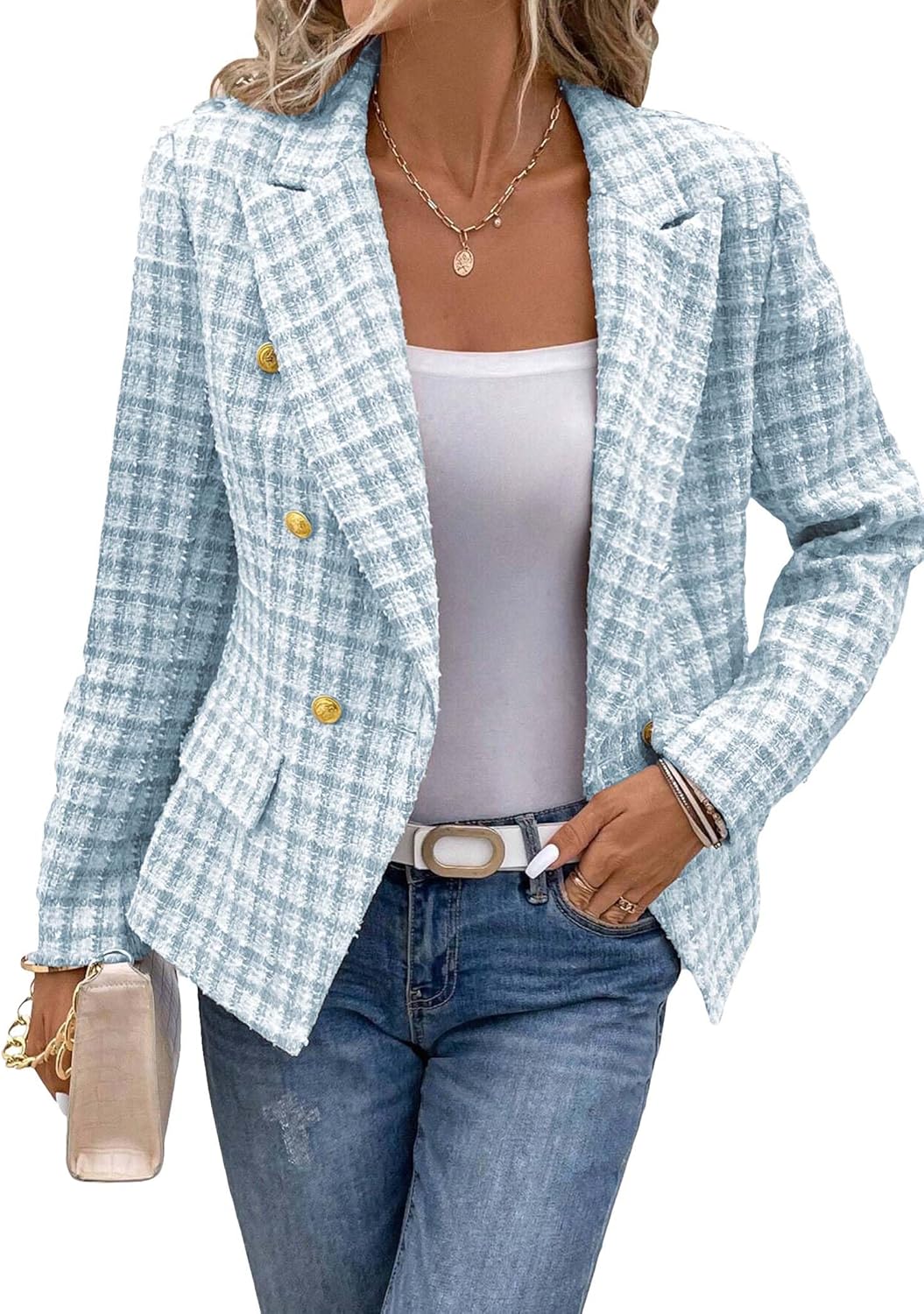 81ujrZEeWjL._AC_SL1500_.jpg Women's Spring Tweed Blazer Plaid Fashion Slim Fully-Lined Double-Breasted Casual Work Jacket with Pockets - 图片 1