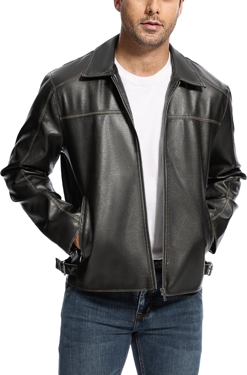 81yXN-nSCoL._AC_SL1500_.jpg Leather Jacket Men Faux Lightweight Bomber Jackets Mens Motorcycle Vintage Lapel Coats with Zipper and Pockets - 图片 1