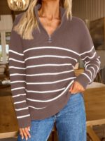 Women's Quarter Zip Striped Oversized Sweater  Mock Turtleneck Fall Fashion Outfit - 图片 2