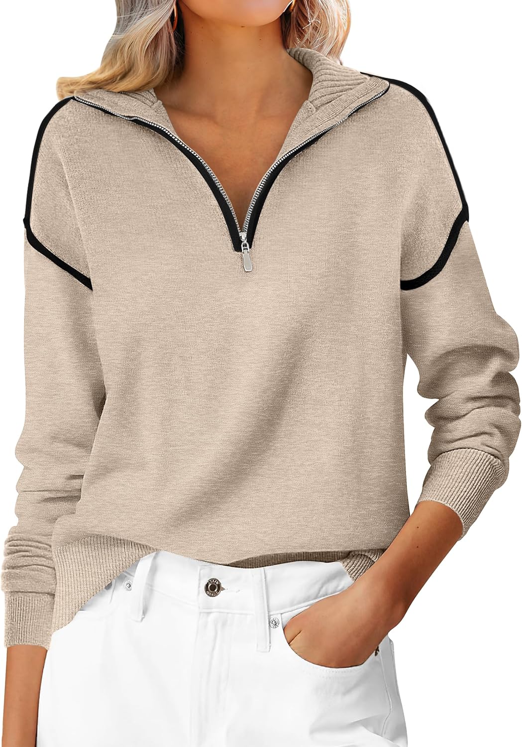 912TQmQD06L._AC_SL1500_.jpg Womens Quarter Zip Sweaters Fall Long Sleeve V Neck Shirts Collared Business Casual Tops Knit Pullover Sweatshirts - 图片 1