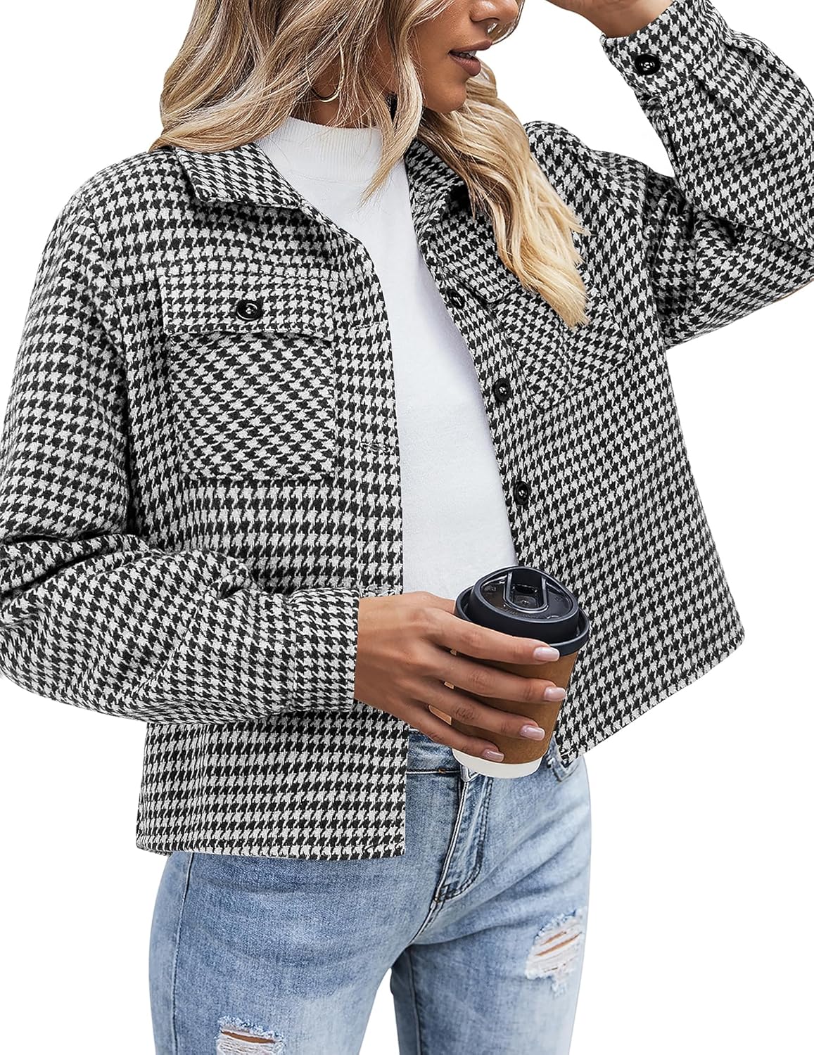 91rA4O9aIL._AC_SL1500_.jpg Flannels for Women Cropped Jacket Fashion Plaid Button Down Shirt Fall Coat Tops - 图片 1